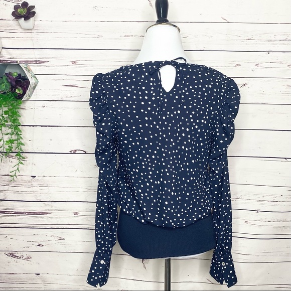 Carmen Marc Valvo Navy Blue & White Polka Dot Puff Sleeve Blouse Top Size Small - Picture 8 of 10